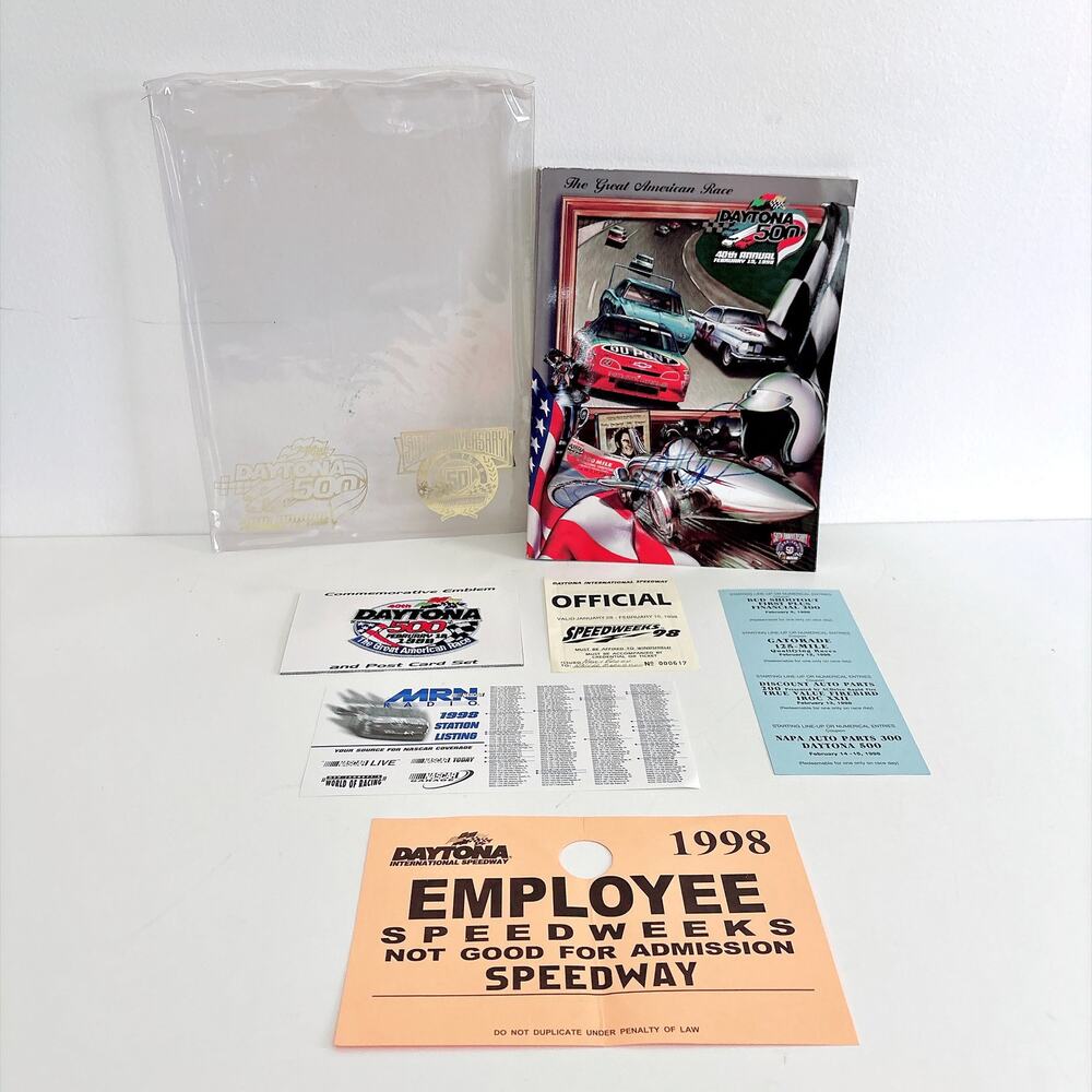 Signed Dale Earnhardt Sr Daytona 500 Program, Postcard Set and Other Memorabilia